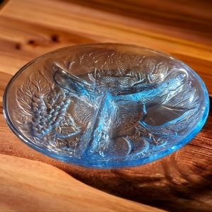 KIG Indonesia Pressed Glass Blue Embossed DELLA ROBBIA FRUIT 3 Part Relish Dish